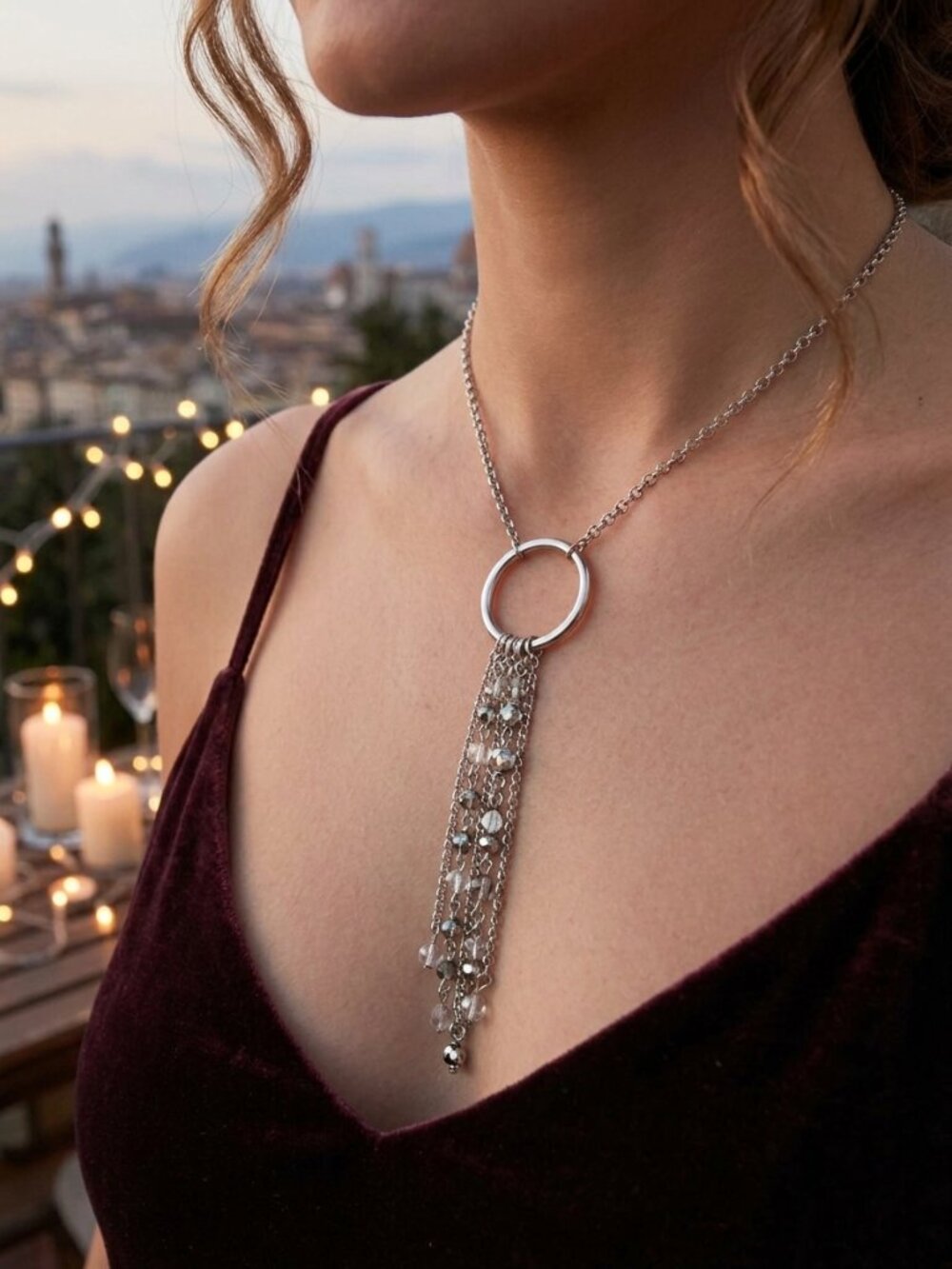 Brighton Scroll Ring Multi Strand 18" Chain Crystal Tassel Long Lariat Necklace